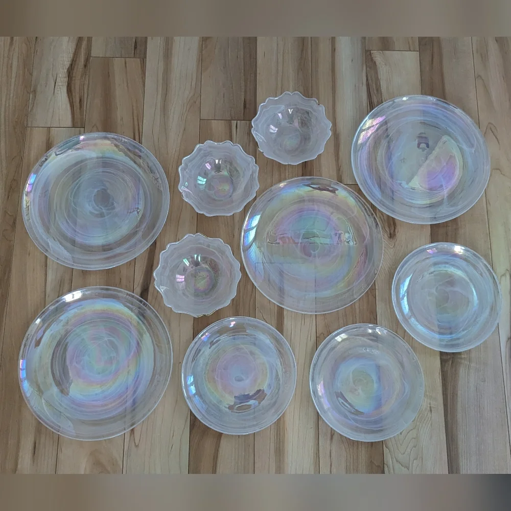 Artistic Accents Turkish Iridescent Swirl Pearl Glass 10 Pieces Plates and Bowls